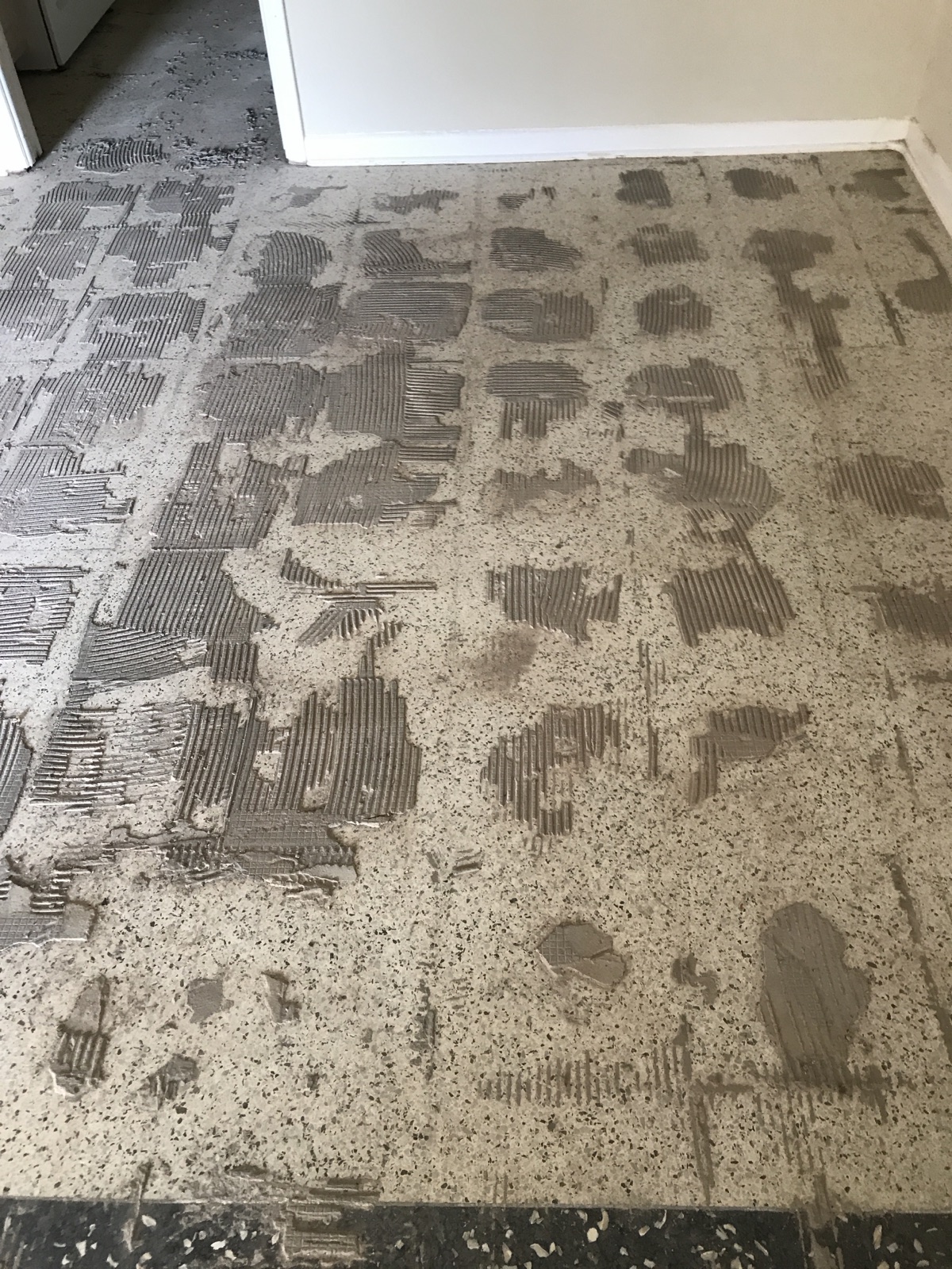 Thinset left behind on terrazzo after tile was removed